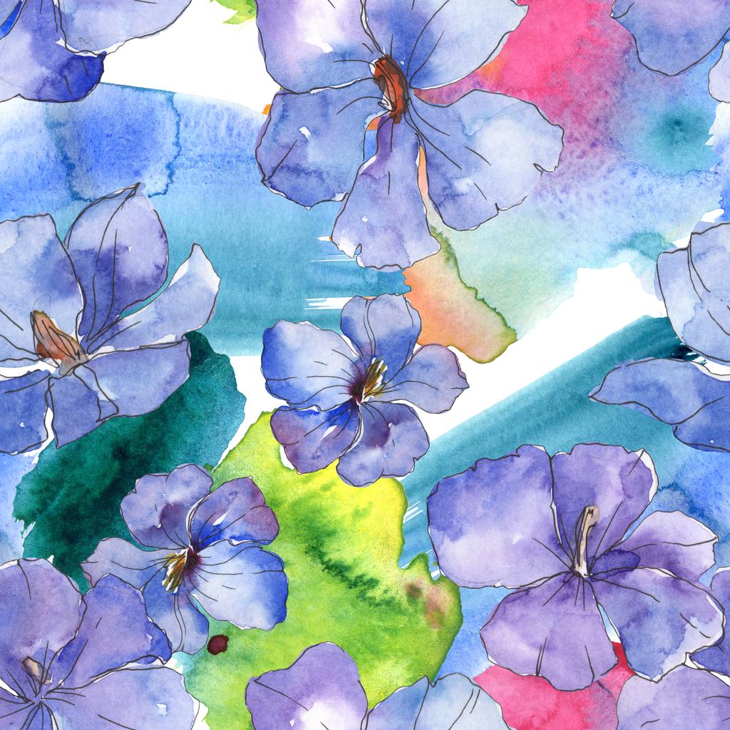 Niebieski fioletowy lnu botaniczny kwiat kwiatowy. Wiosna dzikiego liść na białym tle. Akwarela, ilustracja zestaw. Akwarela rysunku mody aquarelle. Bezszwowe tło wzór. Tkanina tapeta tekstura wydruku. - Zdjęcie, obraz