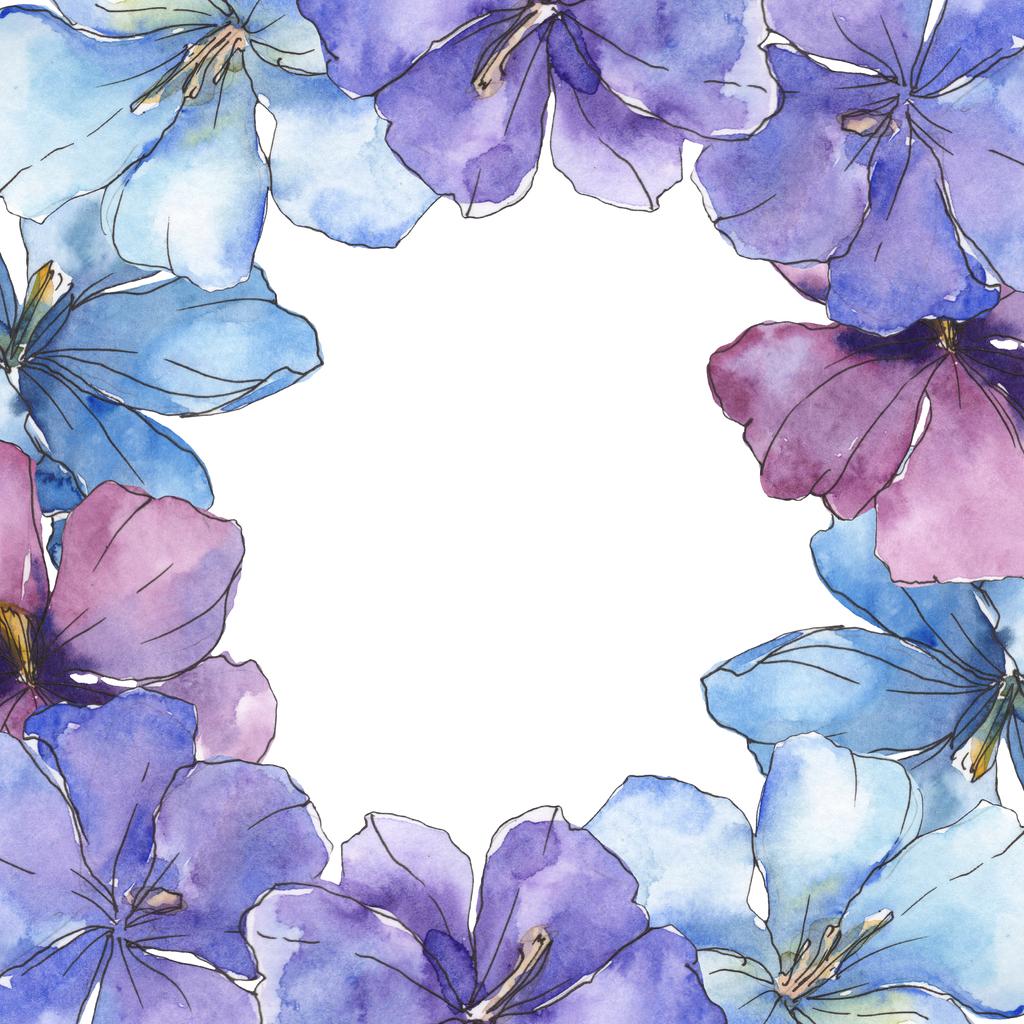 Kék, lila len. Virágos botanikai virág. Vad tavaszi levél vadvirág elszigetelt. Akvarell háttér illusztráció készlet. Akvarell rajz divat aquarelle elszigetelt. Test határ Dísz tér. - Fotó, kép