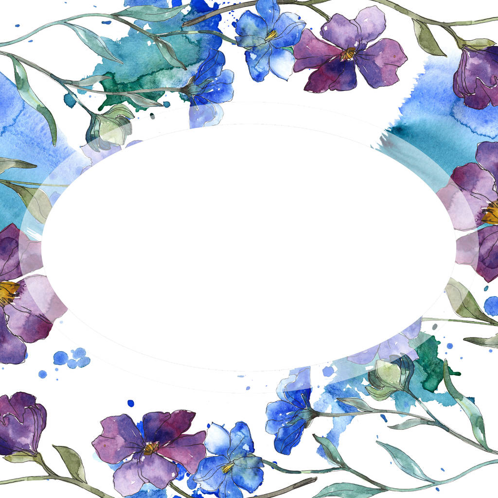 Modré fialové lněné květinové botanické květina. Divoký jarní listové wildflower izolován. Sada akvarel pozadí obrázku. Akvarel, samostatný výkresu módní aquarelle. Frame hranice ozdoba náměstí. - Fotografie, Obrázek