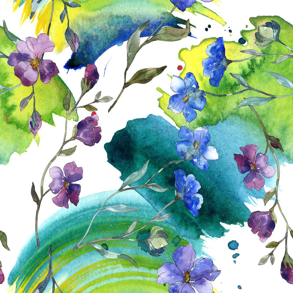 青い紫色亜麻花植物の花。野生春葉が分離されました。水彩イラスト セット。水彩描画ファッション aquarelle。シームレスな背景パターン。壁紙印刷手触りの生地. - 写真・画像