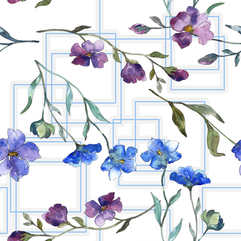 Kék lila len floral botanikus virág. Vad tavaszi levél elszigetelt. Akvarell illusztráció készlet. Akvarell rajz divat aquarelle. Varratmentes háttérben minta. Anyagot a nyomtatási textúrát. - Fotó, kép