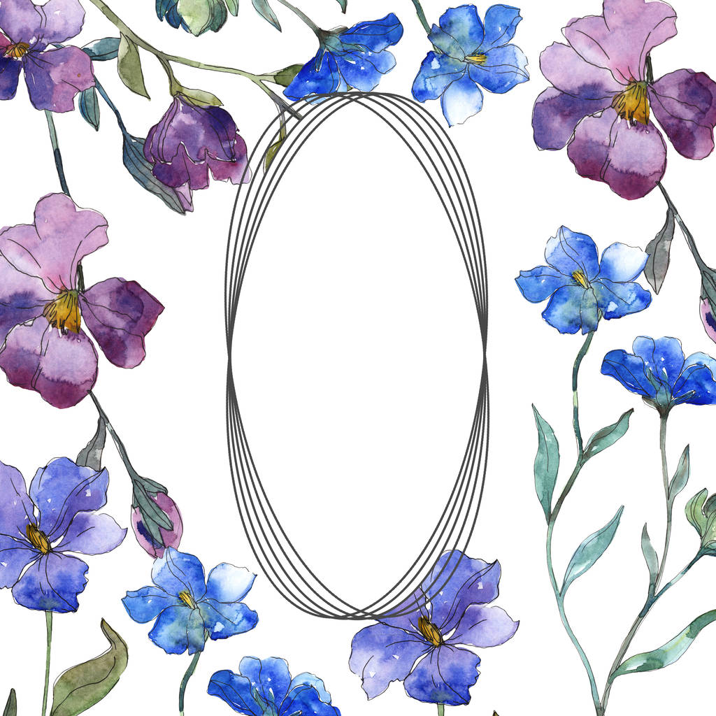 青い紫色亜麻花植物の花 野生春葉のワイルドフラワーが分離されました 水彩画背景イラスト セット 水彩描画のファッション Aquarelle 分離します フレーム枠飾りスクエア ロイヤリティフリー写真 画像素材
