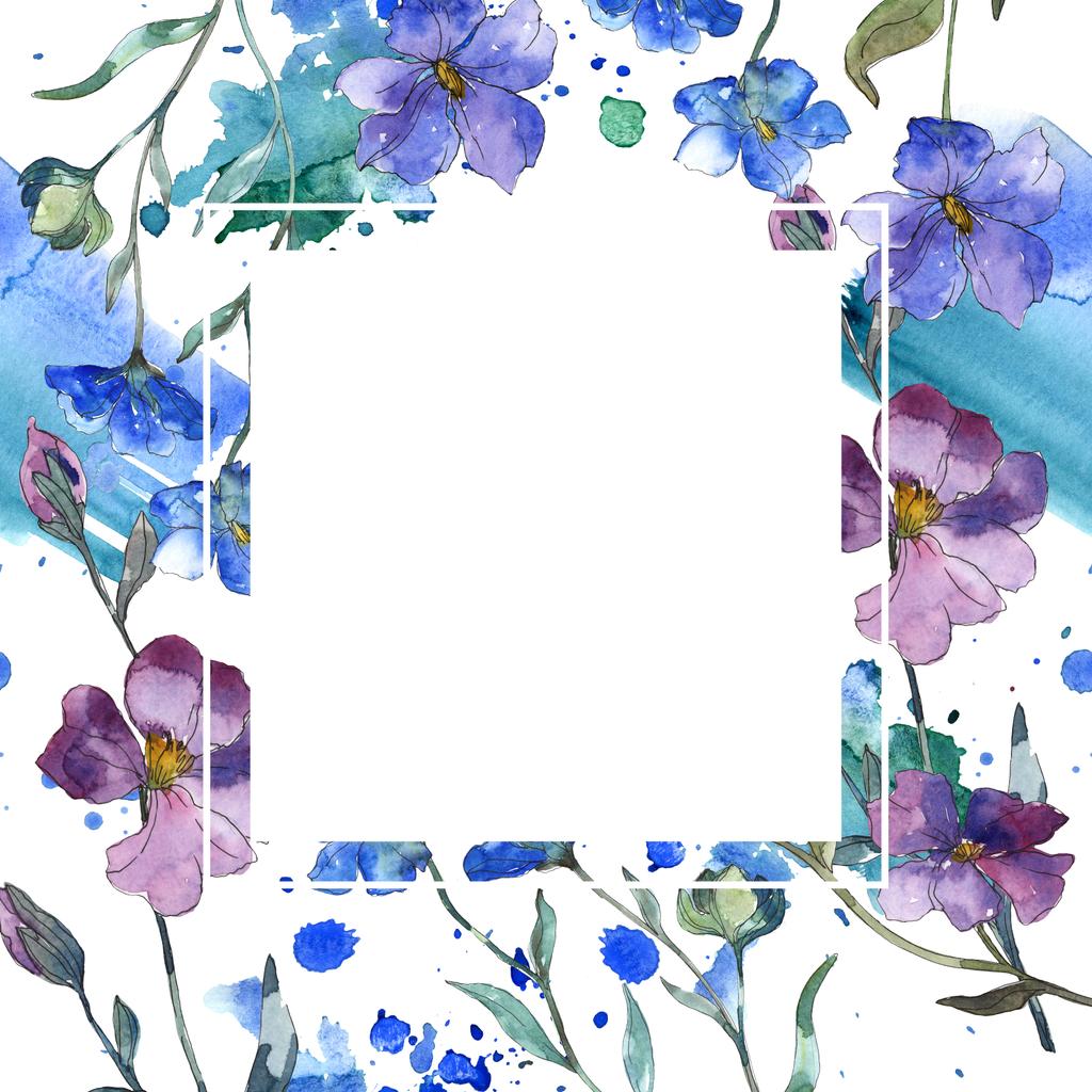 青い紫色亜麻花植物の花。野生春葉のワイルドフラワーが分離されました。水彩画背景イラスト セット。水彩描画のファッション aquarelle 分離します。フレーム枠飾りスクエア. - 写真・画像