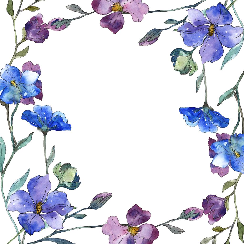 Fiore botanico floreale di lino viola blu. Fiore selvatico primaverile isolato. Acquerello sfondo illustrazione set. Acquerello disegno moda acquerello isolato. Quadrato ornamento bordo cornice
. - Foto, immagini