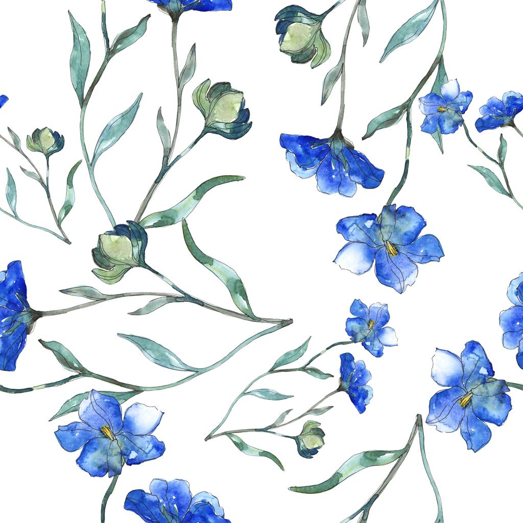 青い紫色亜麻花植物の花 野生春葉が分離されました 水彩イラスト セット 水彩描画ファッション Aquarelle シームレスな背景パターン 壁紙印刷手触りの生地 ロイヤリティフリー写真 画像素材