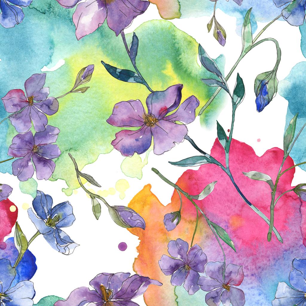 青と紫の亜麻の植物花。野生春葉が分離されました。水彩イラスト セット。水彩描画ファッション aquarelle。シームレスな背景パターン。壁紙印刷手触りの生地. - 写真・画像