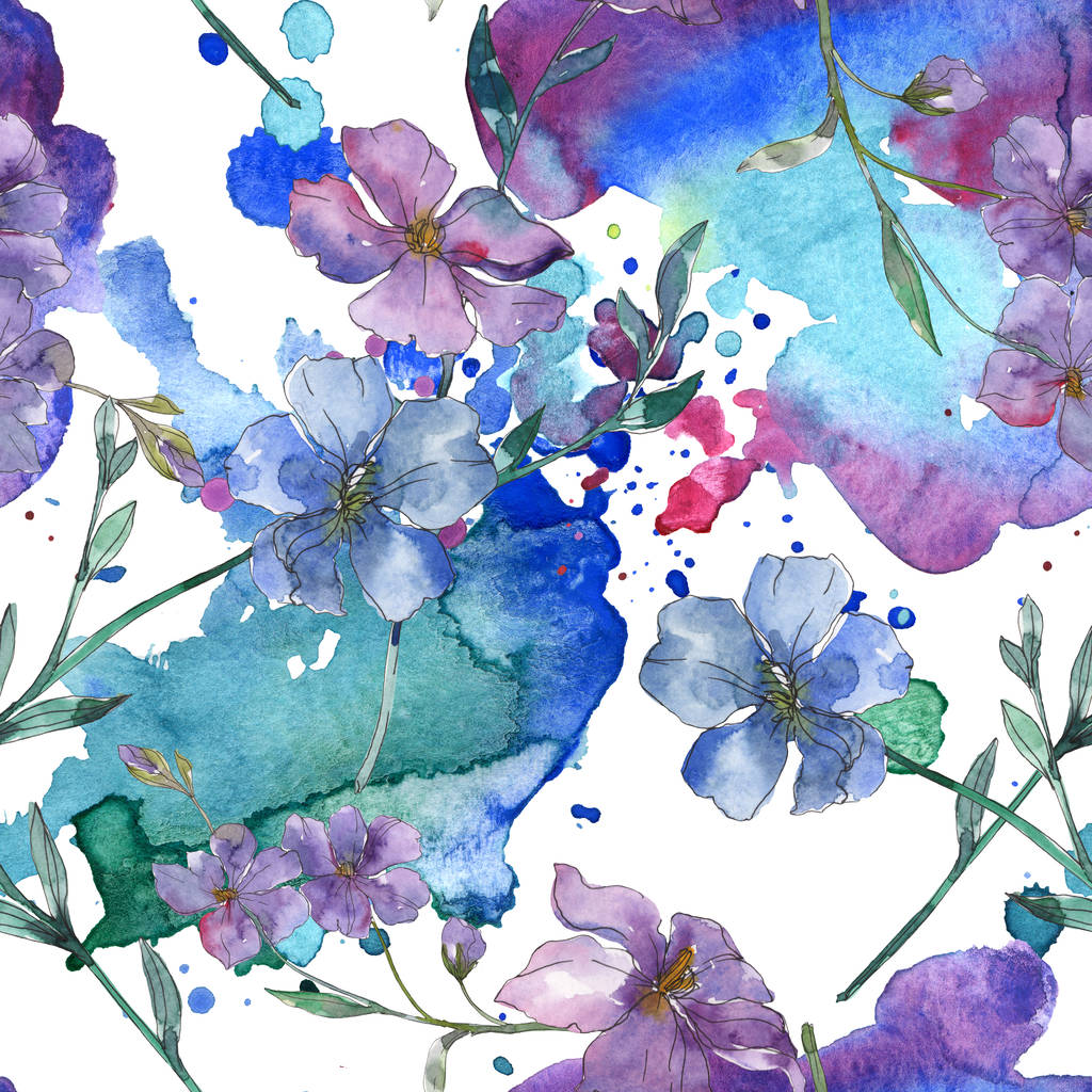 青と紫の亜麻の植物花 野生春葉が分離されました 水彩イラスト セット 水彩描画ファッション Aquarelle シームレスな背景パターン 壁紙印刷手触りの生地 ロイヤリティフリー写真 画像素材