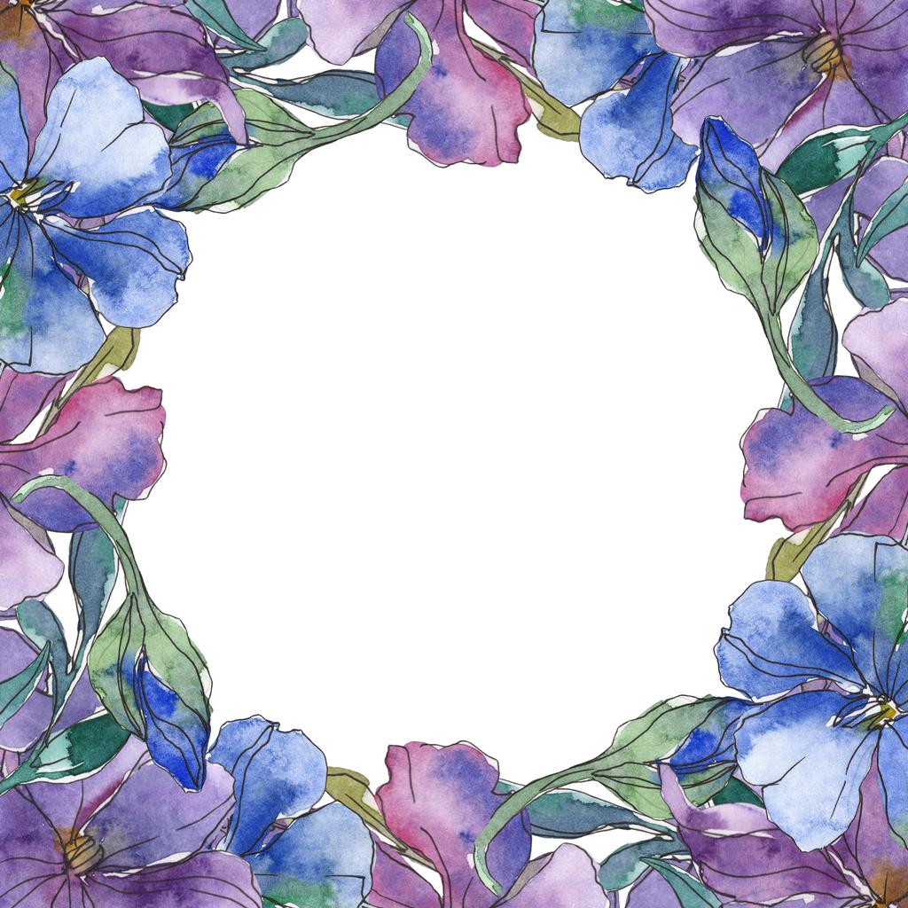 Kék és lila len virágos botanikai virág. Vad tavaszi levél vadvirág elszigetelt. Akvarell háttér illusztráció készlet. Akvarell rajz divat aquarelle. Test határ Dísz tér. - Fotó, kép