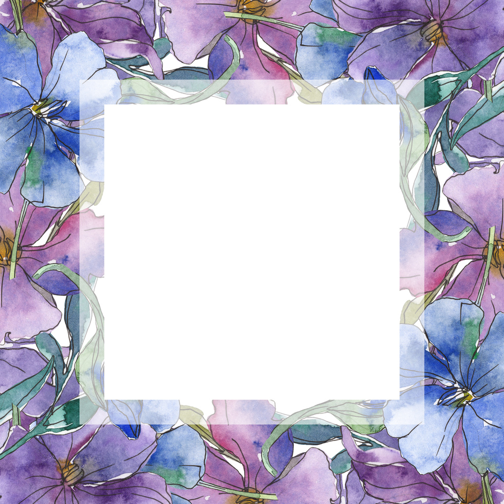 Sininen ja violetti pellava kukka kasvitieteellinen kukka. Villi kevään lehti luonnonvarainen kukka eristetty. Vesiväri tausta kuvitussarja. Vesiväri piirustus muoti akvarelli. Kehyksen raja koriste neliö
. - Valokuva, kuva
