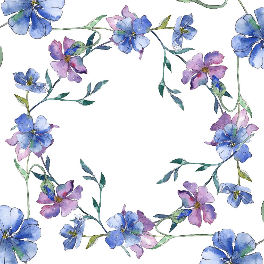 Sininen ja violetti pellava kukka kasvitieteellinen kukka. Villi kevään lehti luonnonvarainen kukka eristetty. Vesiväri tausta kuvitussarja. Vesiväri piirustus muoti akvarelli. Kehyksen raja koriste neliö
. - Valokuva, kuva