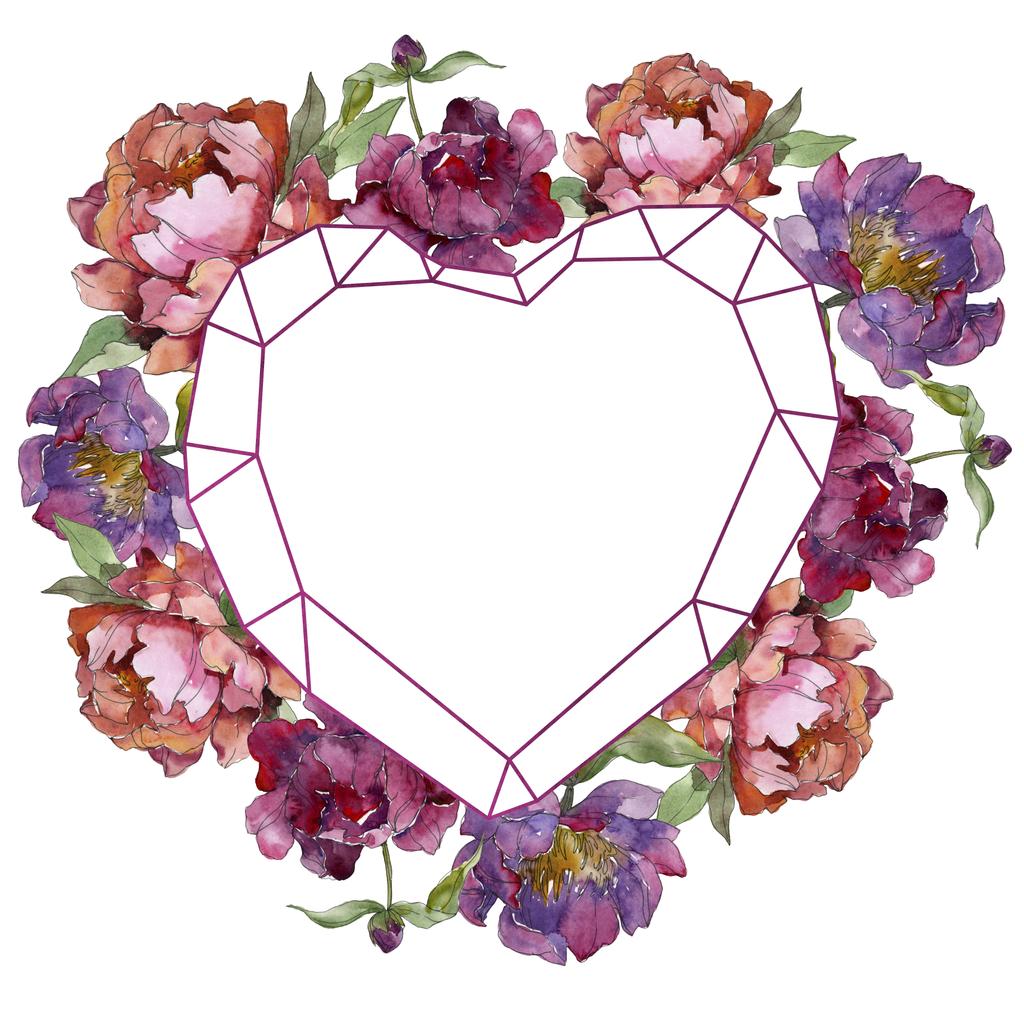 Purple isolated on white peonies watercolor background illustration set. Frame border ornament. - Photo, Image