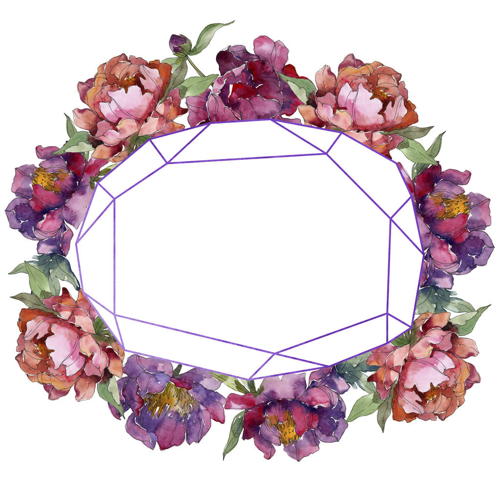 violett isoliert auf weißen Pfingstrosen Aquarell Hintergrund Illustrationsset. Rahmen Bordüre Ornament. - Foto, Bild