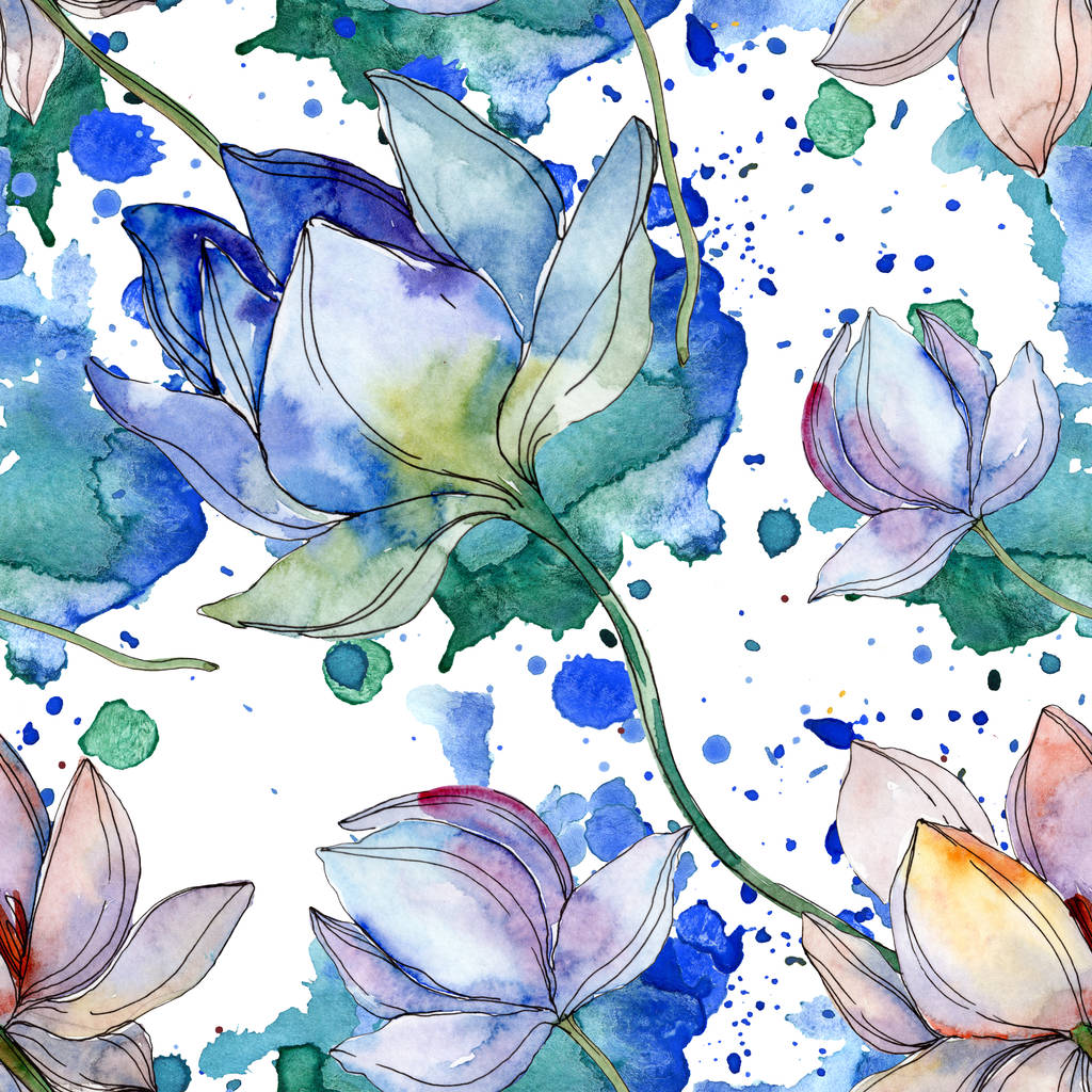 Blue and purple lotuses with leaves. Watercolor illustration set. Seamless background pattern. Fabric wallpaper print texture. - Photo, Image