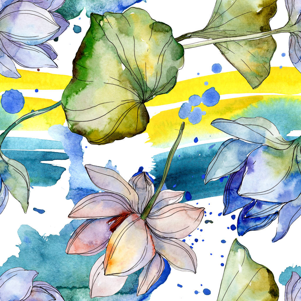 Blauw en paars lotussen met bladeren. Aquarel illustratie set. Naadloze achtergrondpatroon. Structuur behang print textuur. - Foto, afbeelding