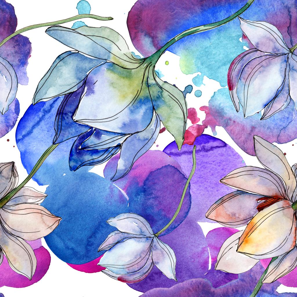 Blue and purple lotuses with leaves. Watercolor illustration set. Seamless background pattern. Fabric wallpaper print texture. - Photo, Image