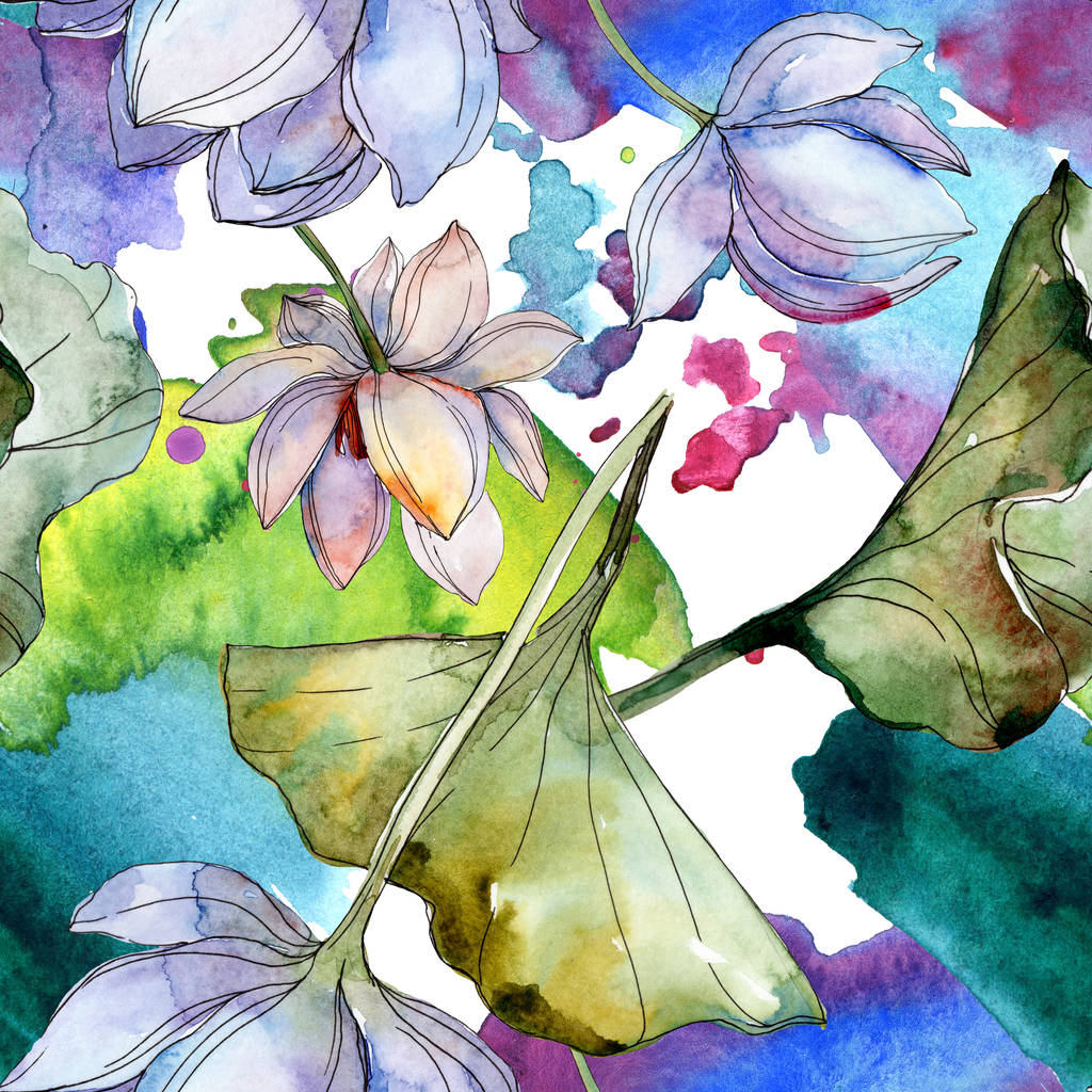 Kék és lila lotuses levelekkel. Akvarell illusztráció készlet. Varratmentes háttérben minta. Anyagot a nyomtatási textúrát. - Fotó, kép