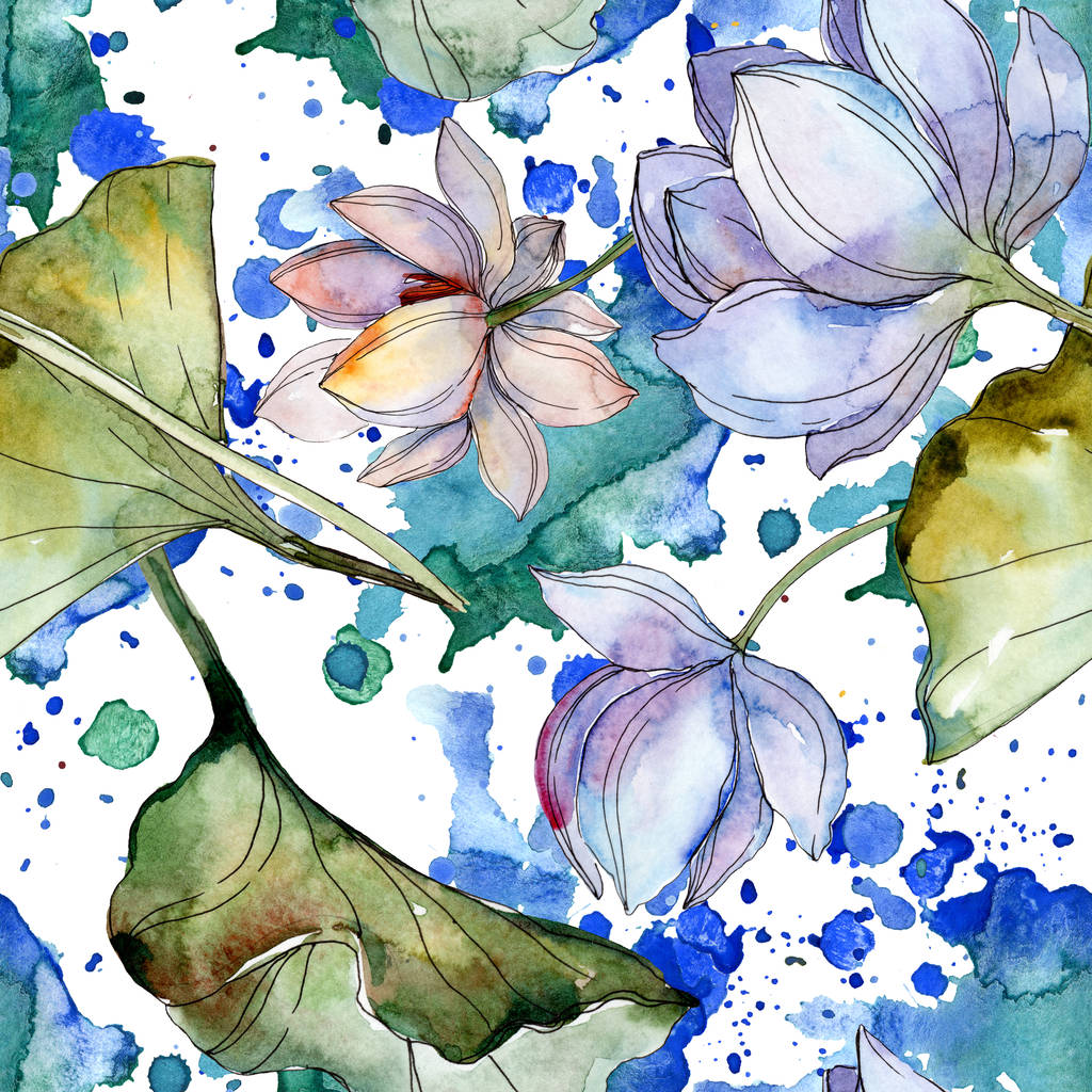 青と紫の葉蓮 水彩イラスト セット シームレスな背景パターン 壁紙印刷手触りの生地 ロイヤリティフリー写真 画像素材