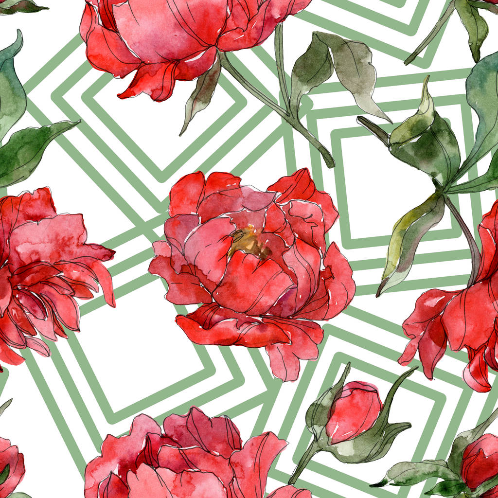 Red peonies watercolor illustration set. Seamless background pattern. Fabric wallpaper print texture. - Photo, Image