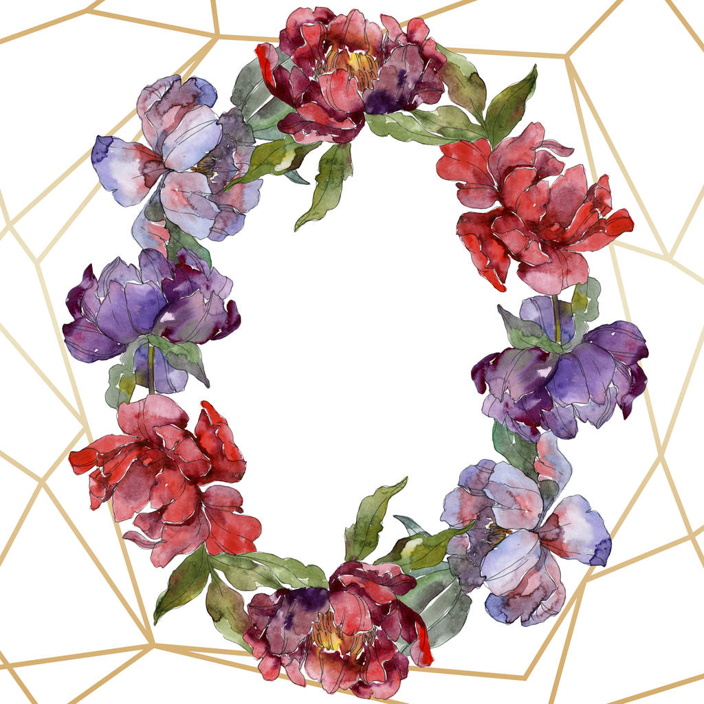 Rote und violette Pfingstrosen. Aquarell Hintergrund Illustration-Set. Frame Border Ornament mit Textfreiraum. - Foto, Bild