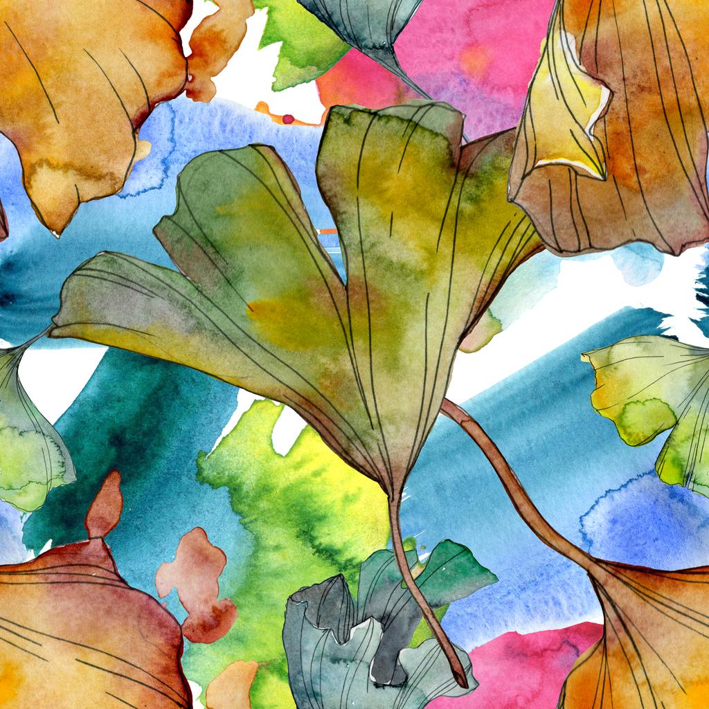 Ginkgo biloba blad plant botanische tuin floral gebladerte. Aquarel illustratie set. Aquarel tekenen mode aquarelle geïsoleerd. Naadloze achtergrondpatroon. Structuur behang print textuur. - Foto, afbeelding