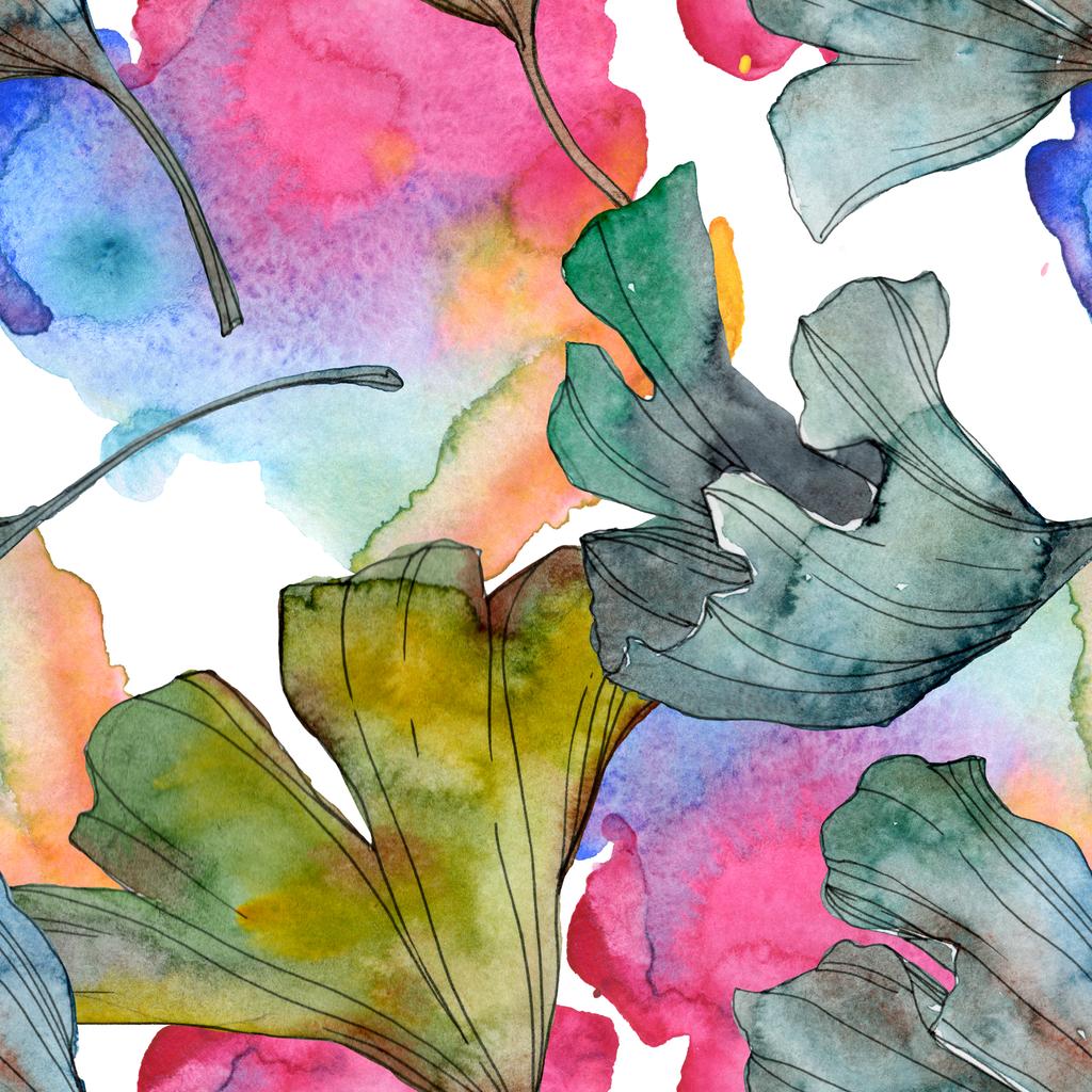 Ginkgo biloba φύλλα φυτών βοτανικός κήπος λουλουδιών φύλλωμα. Σετ ακουαρέλας εικονογράφηση. Ακουαρέλα σχεδίασης μόδας aquarelle απομονωμένη. Απρόσκοπτη υπόβαθρο μοτίβο. Ύφασμα ταπετσαρία υφή. - Φωτογραφία, εικόνα