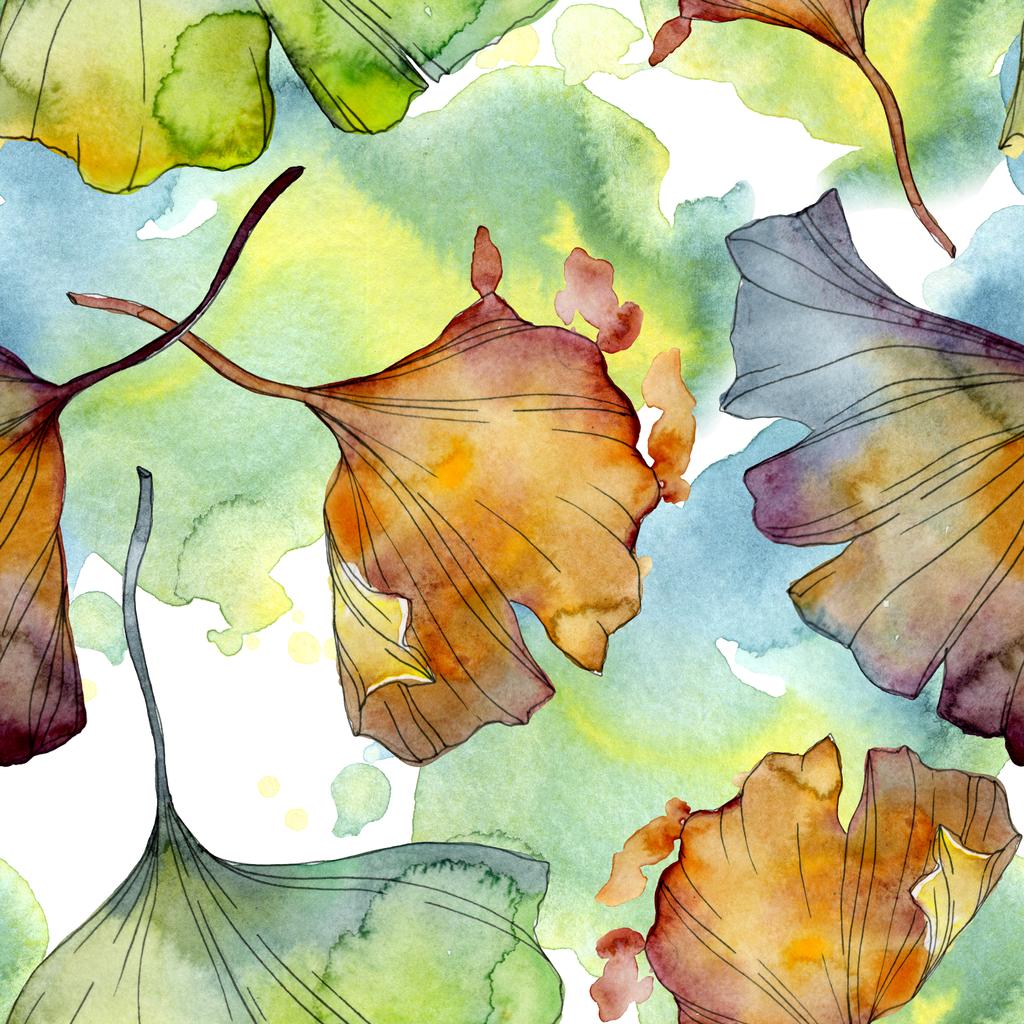 Ginkgo biloba leaf plant botanical garden floral foliage. Watercolor illustration set. Watercolour drawing fashion aquarelle isolated. Seamless background pattern. Fabric wallpaper print texture. - Photo, Image
