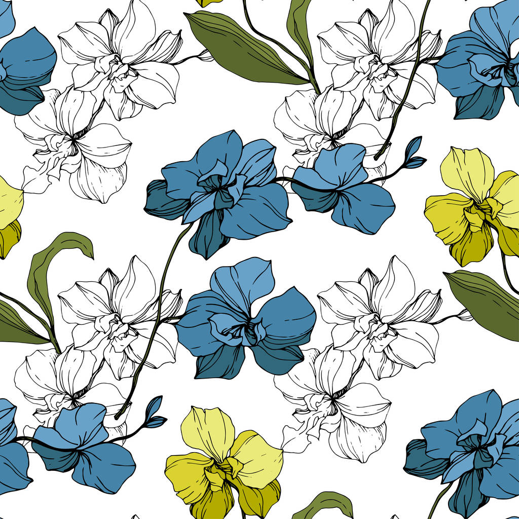 Vector orquídeas azules y amarillas aisladas en blanco. Patrón de fondo sin costuras. Textura de impresión de papel pintado de tela
. - Vector, imagen