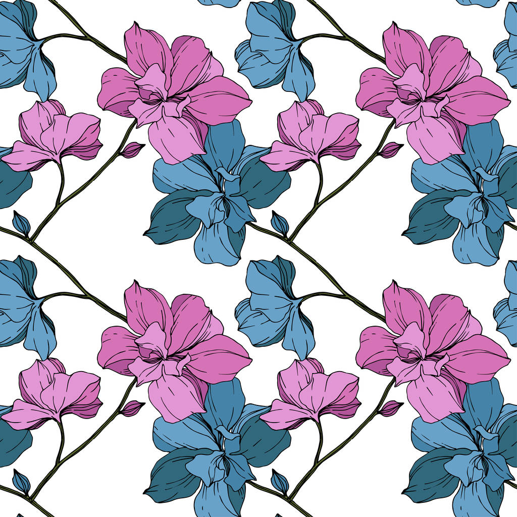 Vector orquídeas azules y púrpuras aisladas en blanco. Patrón de fondo sin costuras. Textura de impresión de papel pintado de tela
. - Vector, imagen