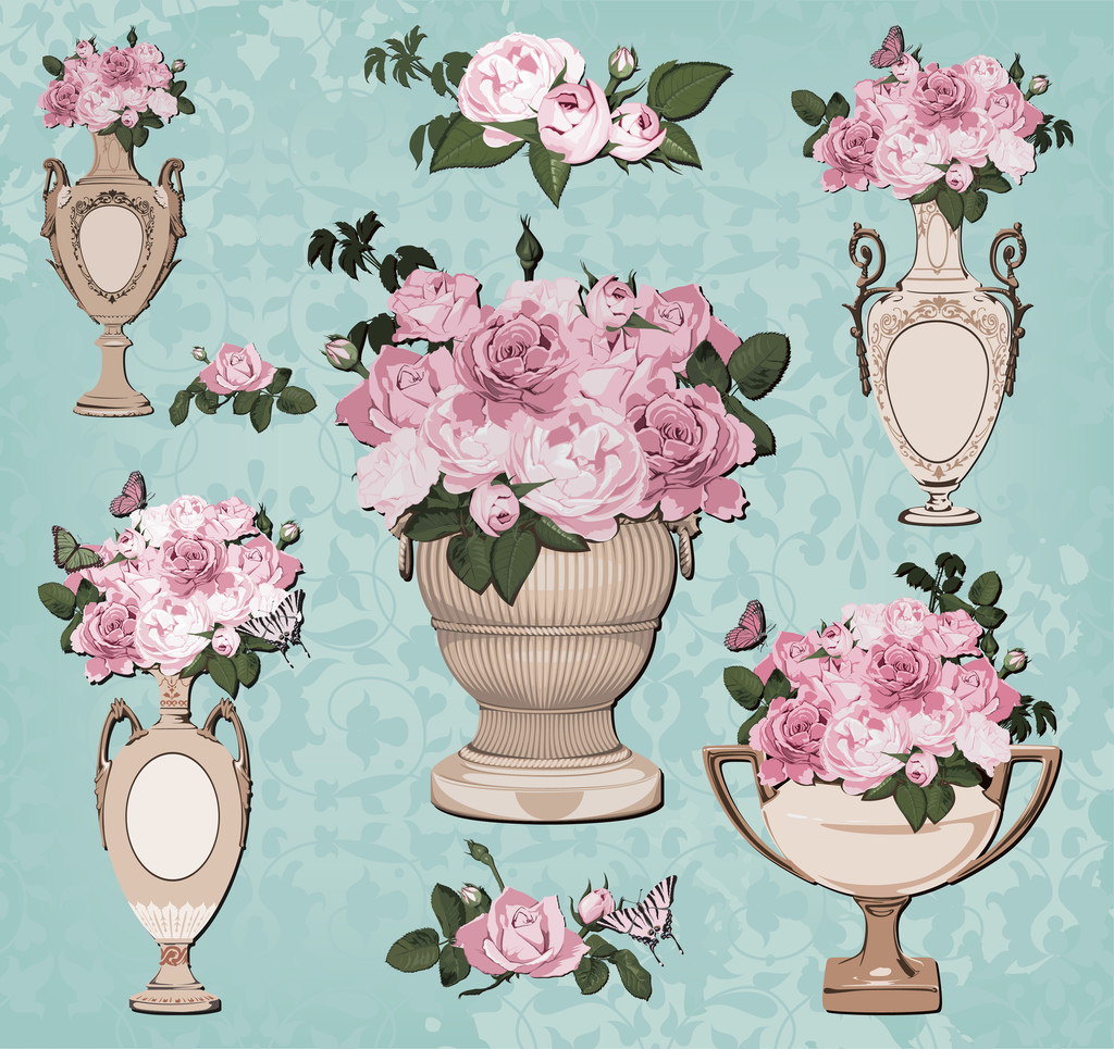 青色の背景にバラの花瓶のコレクション - ベクター画像