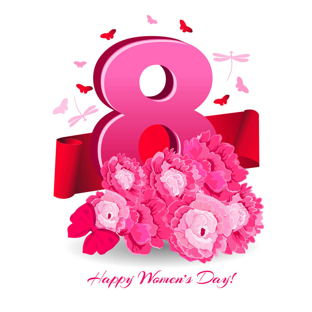 Volantino 8 marzo giornata internazionale della donna con bouquet
. - Vettoriali, immagini