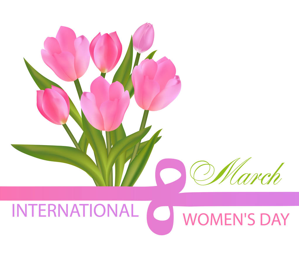 Букет розовых тюльпанов и цифра восемь ленты. Desing for March 8 International Women 's Day with flowers. Векторная миграция
. - Вектор,изображение