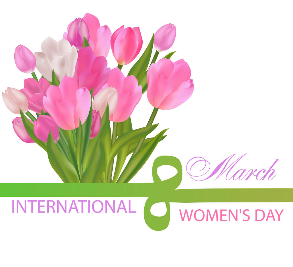 Kytice z tulipánů a slaňovací Osma pásu. Desing pro 8 březen mezinárodní den žen s květinami. Vektorové ilustrace. - Vektor, obrázek