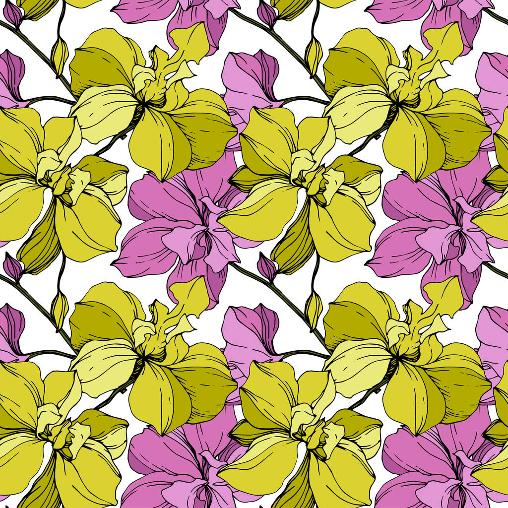 Vektor rosa und gelbe Orchideen isoliert auf weiß. nahtlose Hintergrundmuster. Stoff Tapete drucken Textur. - Vektor, Bild