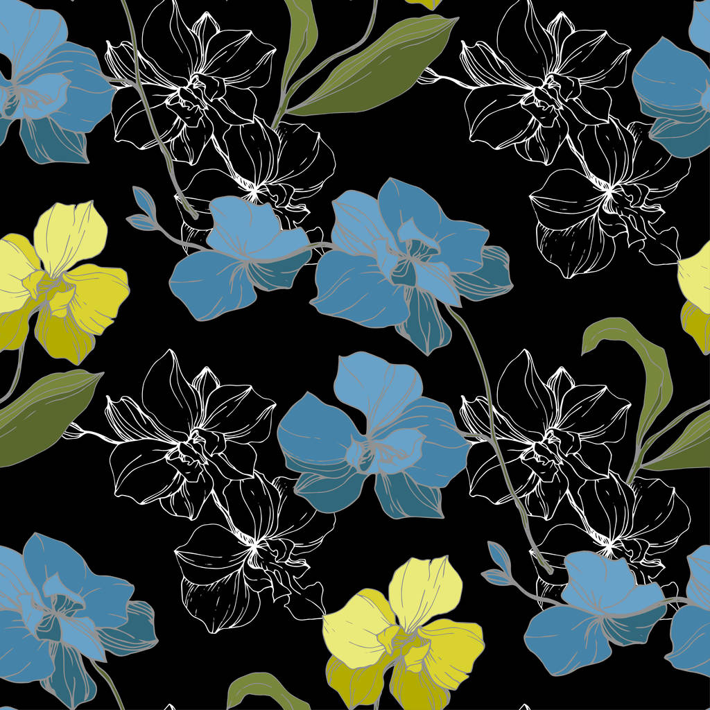 Vector blue and yellow orchids isolated on black. Seamless background pattern. Fabric wallpaper print texture. - Vector, Image