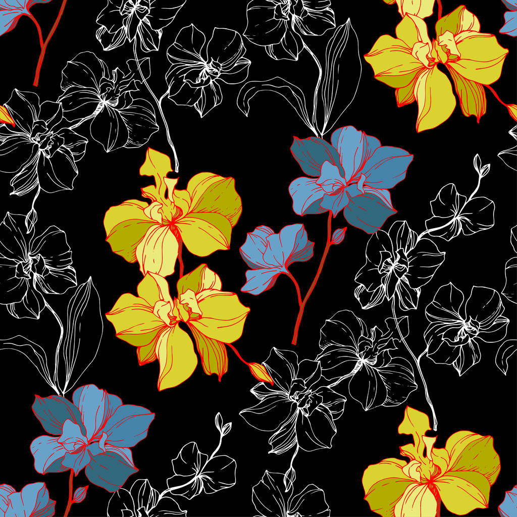 黒に分離されたベクトル青と黄色の蘭。シームレスな背景パターン。壁紙印刷手触りの生地. - ベクター画像