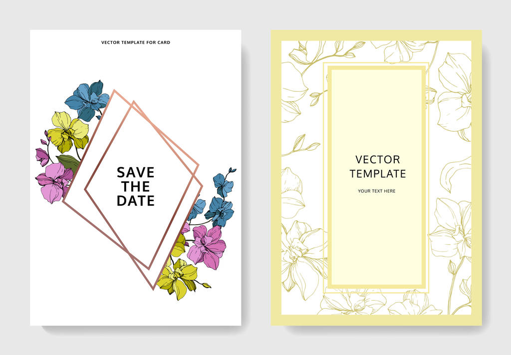 Vector blue, pink and yellow orchids isolated on white. Invitation cards with save the date lettering - Vector, Image