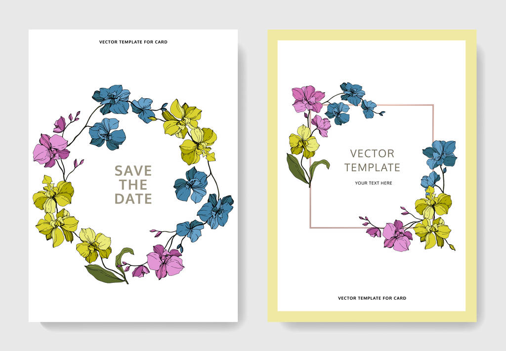白で隔離ベクトル青、ピンクと黄色の蘭。日付の文字保存の招待カード - ベクター画像