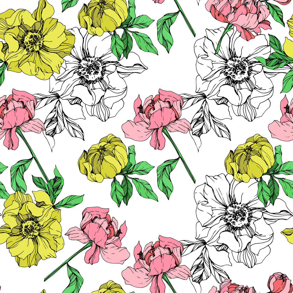 Vector yellow and pink isolated peonies illustration on white background. Engraved ink art. Seamless background pattern. Fabric wallpaper print texture. - Vector, Image