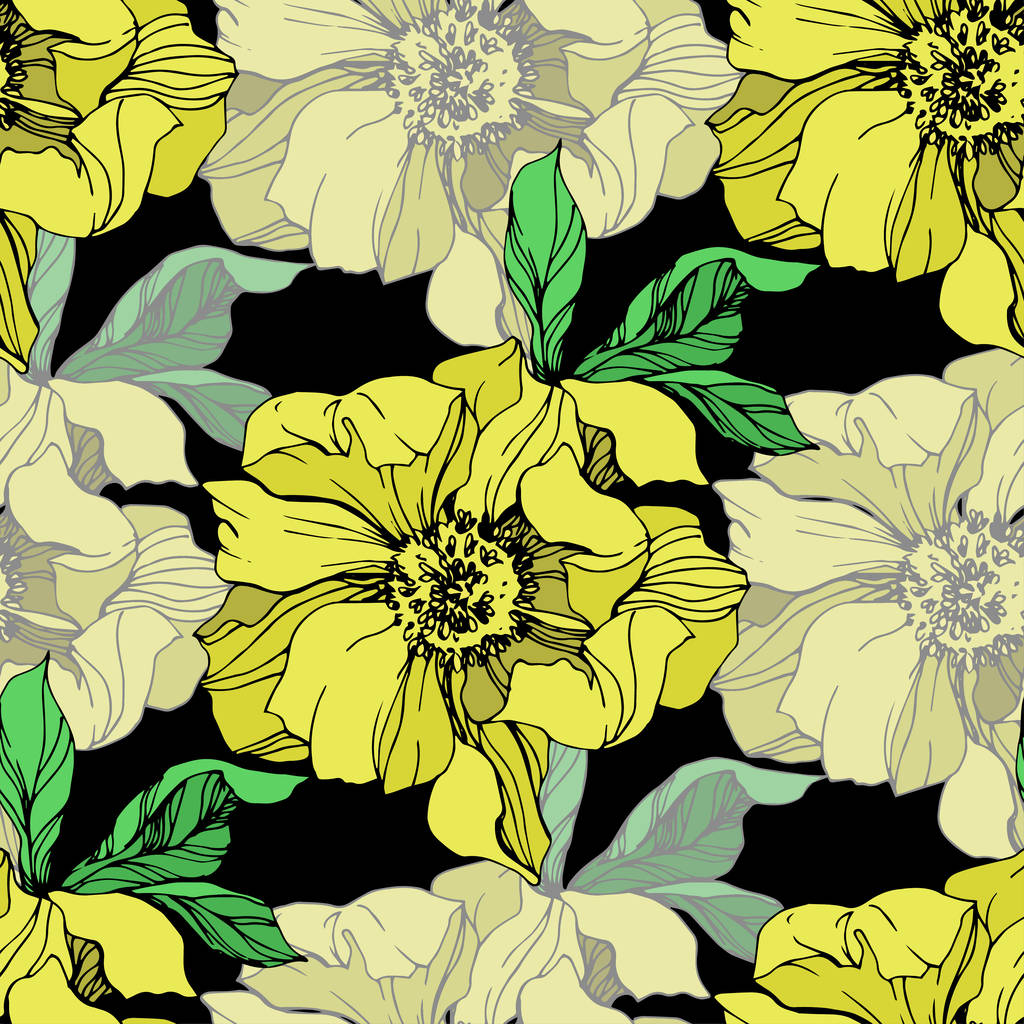 Vector yellow isolated peonies illustration on black background. Engraved ink art. Seamless background pattern. Fabric wallpaper print texture. - Vector, Image