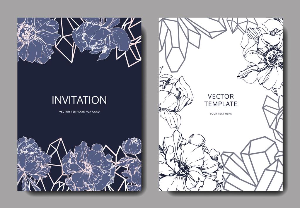 Vektor Hochzeit elegante Einladungskarten mit Kristallen und Pfingstrosen Illustration auf weißem und blauem Hintergrund. - Vektor, Bild