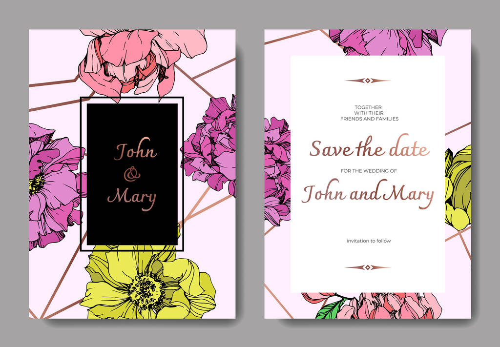 Vector elegant invitation cards with purple, yellow and pink peonies illustration on pink background with save the date lettering. - Vector, Image
