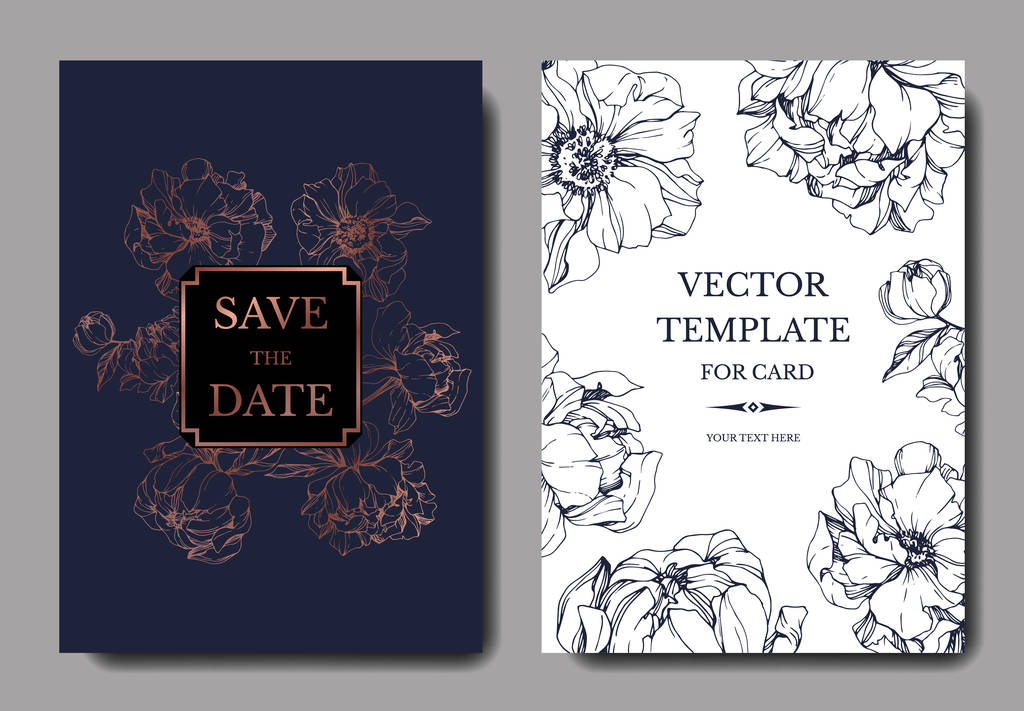 Vector elegant invitation cards with golden and blue peonies illustration on white and blue background with save the date lettering. - Vector, Image