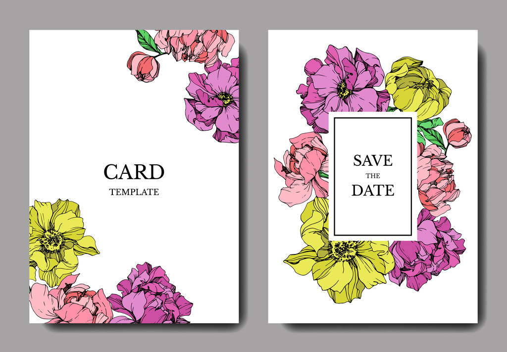 Vector elegant invitation cards with purple, yellow and pink peonies illustration on white background with save the date lettering. - Vector, Image