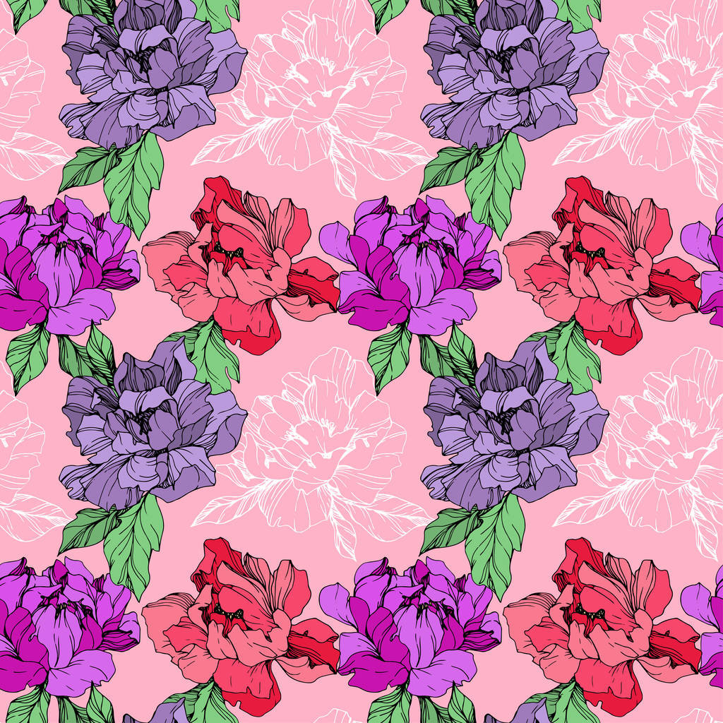 Vector purple and living coral isolated peonies illustration on pink background. Engraved ink art. Seamless background pattern. Fabric wallpaper print texture. - Vector, Image