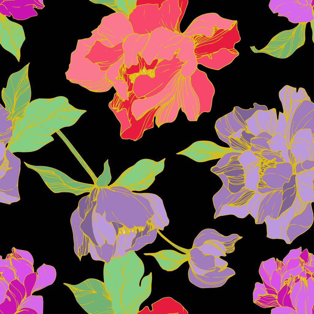 Vektor lila és élő korall elszigetelt pünkösdi rózsa illusztráció a fekete háttér. Vésett tinta art. Varratmentes háttérben minta. Anyagot a nyomtatási textúrát. - Vektor, kép
