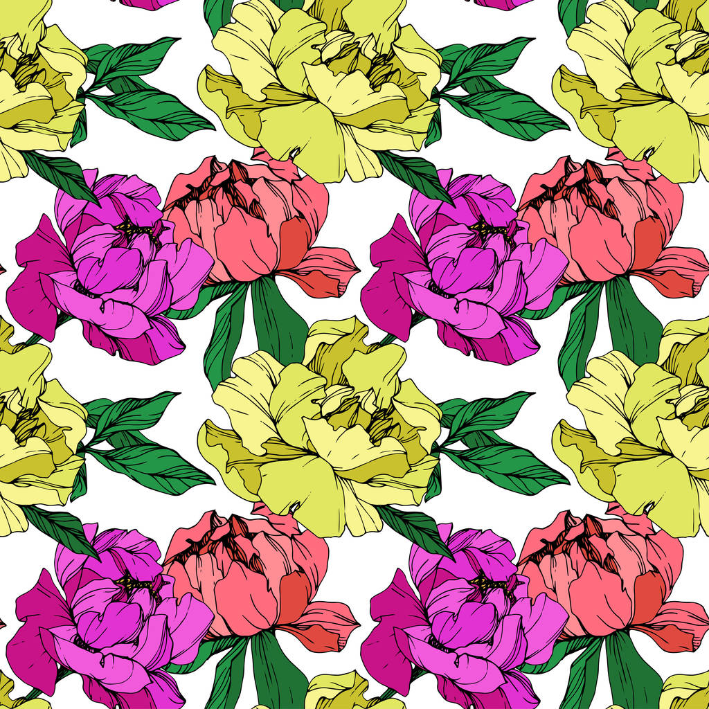 Vector purple, living coral and yellow isolated peonies illustration on white background. Engraved ink art. Seamless background pattern. Fabric wallpaper print texture. - Vector, Image