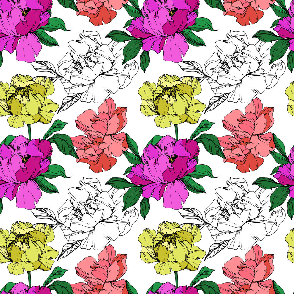 Vector purple, living coral and yellow isolated peonies illustration and sketch on white background. Engraved ink art. Seamless background pattern. Fabric wallpaper print texture. - Vector, Image