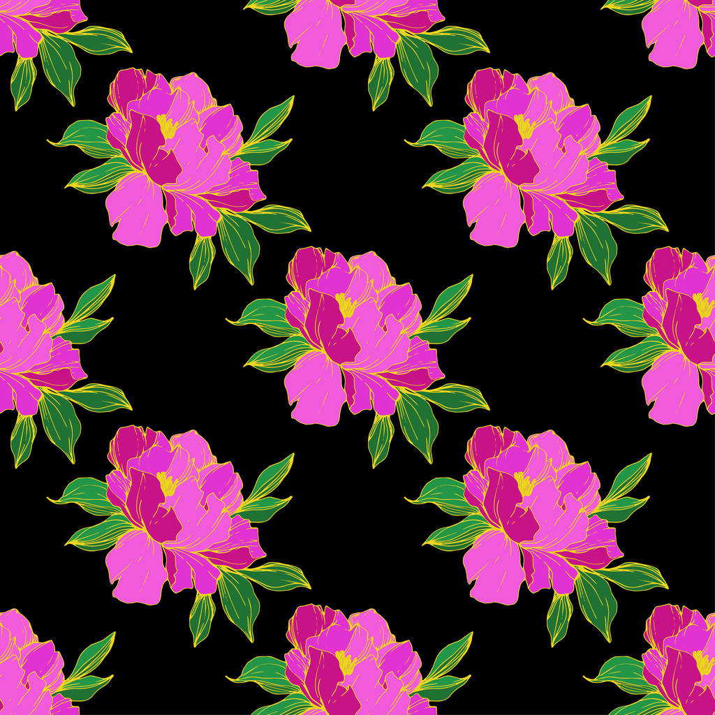 Vector purple isolated peonies illustration on black background. Engraved ink art. Seamless background pattern. Fabric wallpaper print texture. - Vector, Image