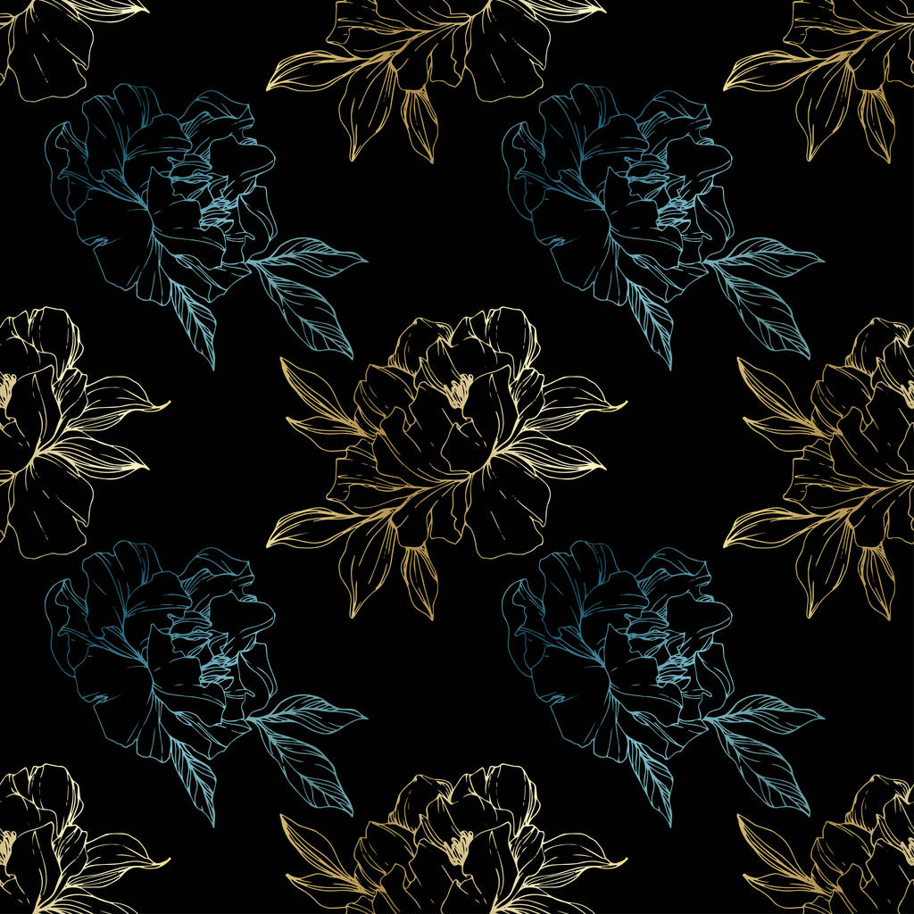 Vector golden and blue isolated peonies sketch on black background. Engraved ink art. Seamless background pattern. Fabric wallpaper print texture. - Vector, Image