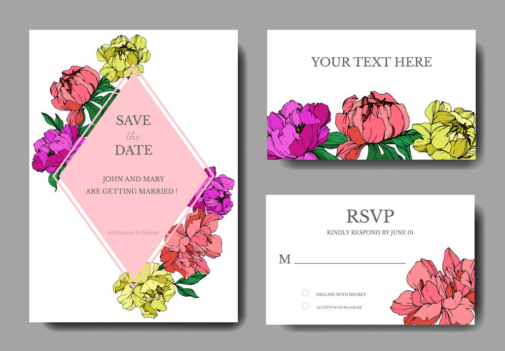 Matrimonio vettoriale eleganti biglietti d'invito con viola, giallo e viva peonie di corallo illustrazione su sfondo bianco
. - Vettoriali, immagini